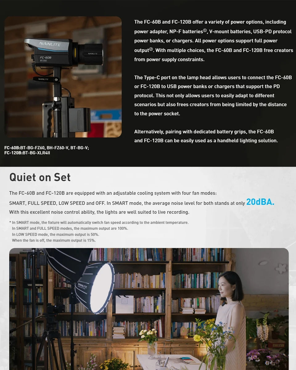 FC-60B and FC-120B LED spotlights on tripod stands, shown as compact lighting for studio and handheld use.