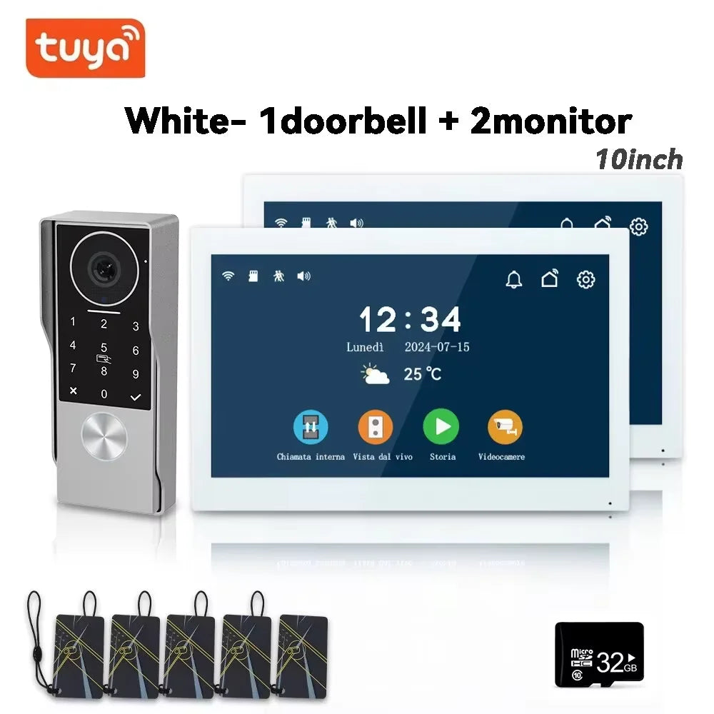 tuya smart video intercom bundle: white 1 doorbell and 2 10-inch monitors