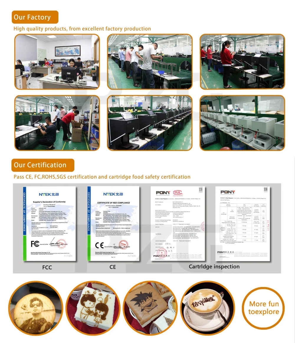 Smart coffee art printer factory showing production line, safety certifications, and creative foam printing examples.