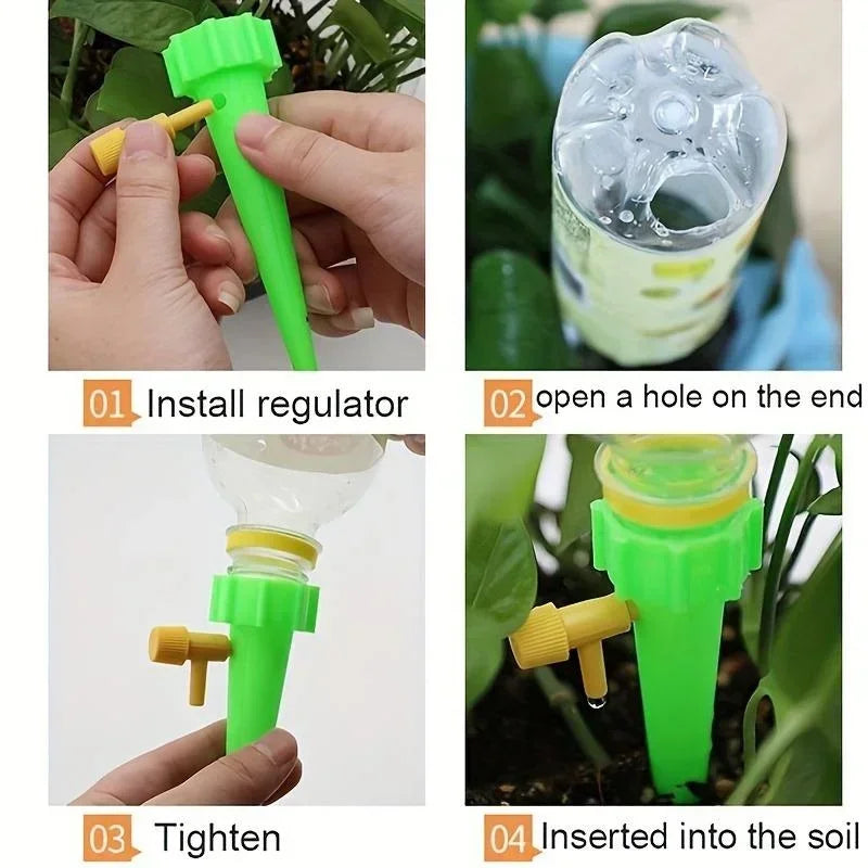 Green adjustable drip irrigation stake with flow regulator, held in a hand