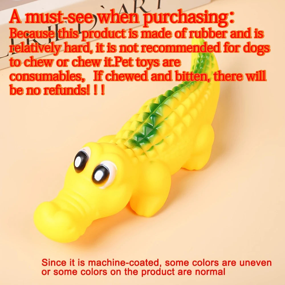 Squeaky yellow and green rubber crocodile dog toy for interactive play and fun pet games.