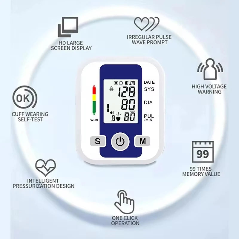 Digital Arm Blood Pressure Meter Cuff Medical Automatic Pressure Tonometer Tensiometer Heart Rate Pulse Meter BP Monitor Healthy