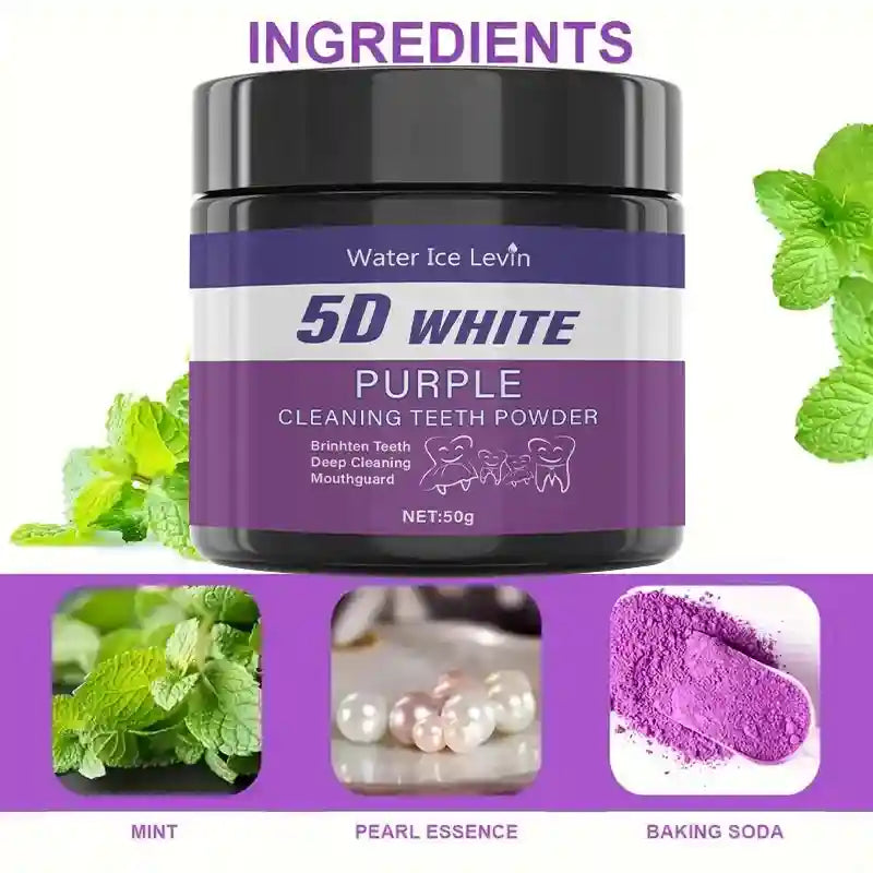 Tidesmit 5D White Purple Teeth Whitening Powder for deep cleaning, enamel protection, and fresh breath.