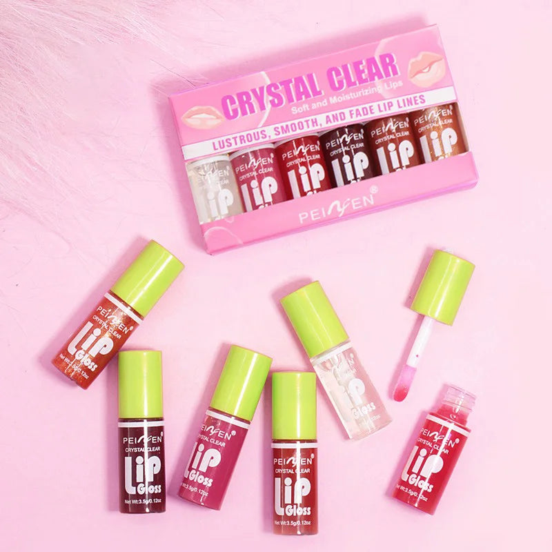 6PCS moisturizing lip oil set with transparent, tinted glossy finishes in a pink box for hydrating, plumping makeup.
