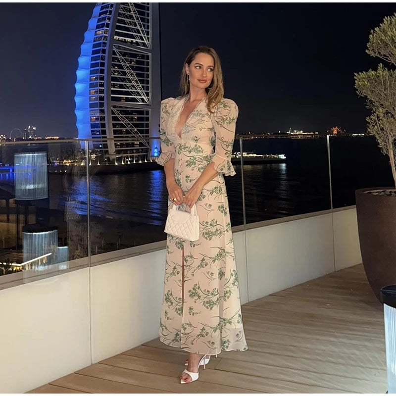 Printed Lace Patchwork Maxi Dress Women V-Neck Half Sleeve Single Breasted Lace Up Long Dresses 2026 Summer All-match Lady Robes