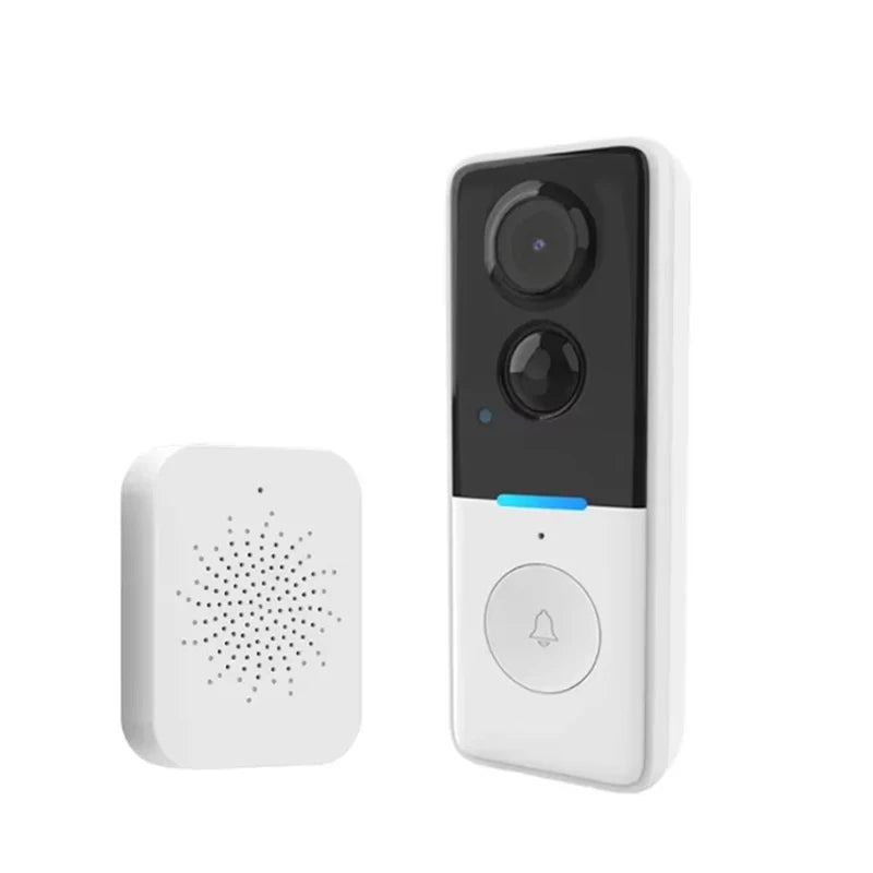 Wireless video doorbell in white with matching white indoor chime