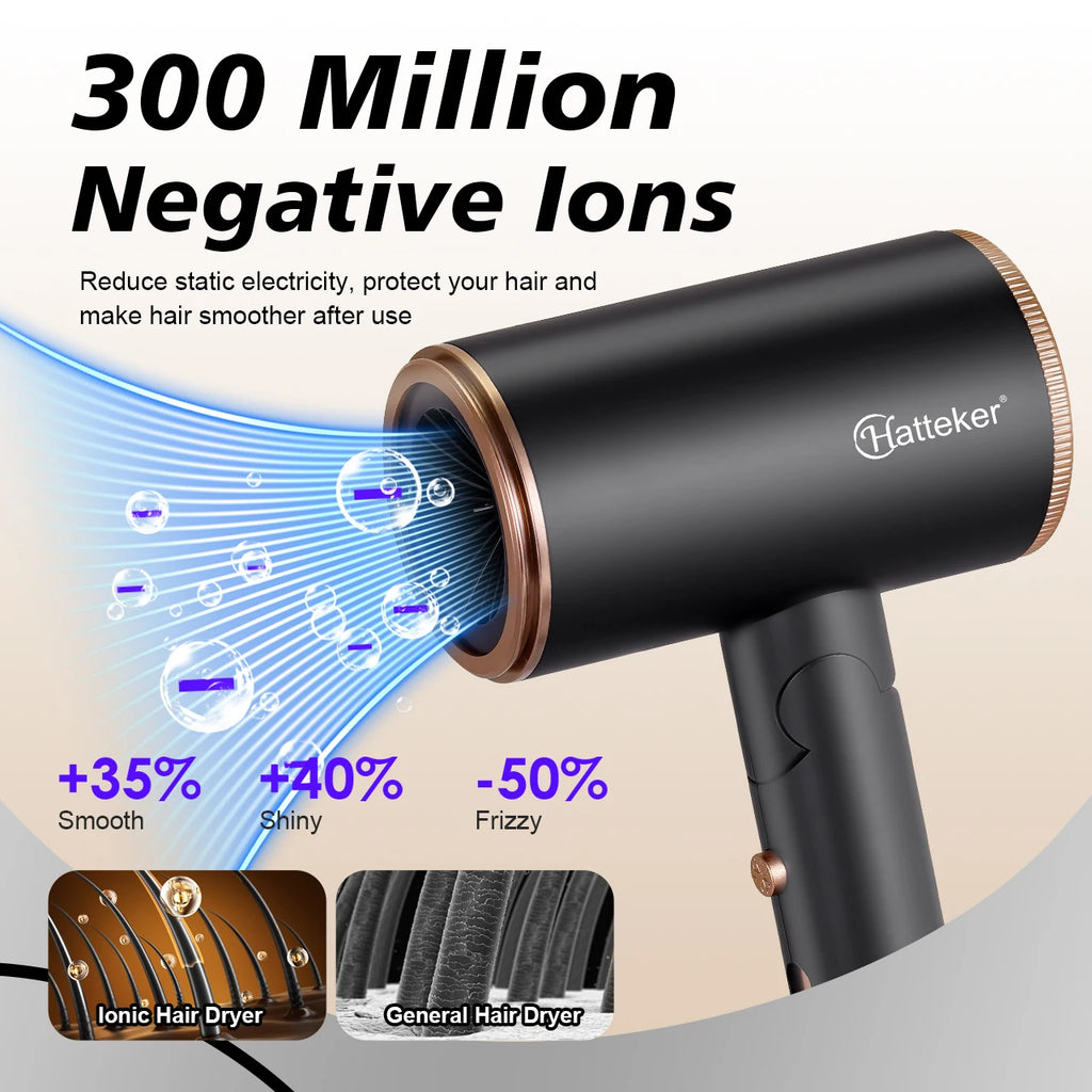 Black Hatteker foldable negative ion hair dryer with gold accents, showing anti-frizz technology for smooth, shiny hair.