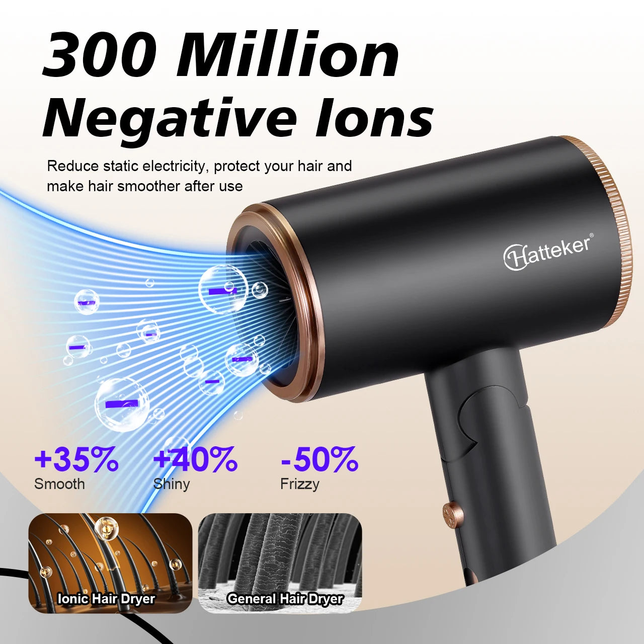 Black Hatteker foldable negative ion hair dryer with gold accents, showing anti-frizz technology for smooth, shiny hair.