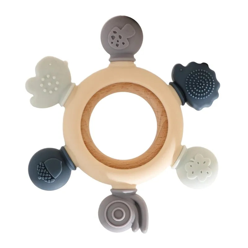 Multi-colored silicone and wood baby teething ring toy for infant teething relief.