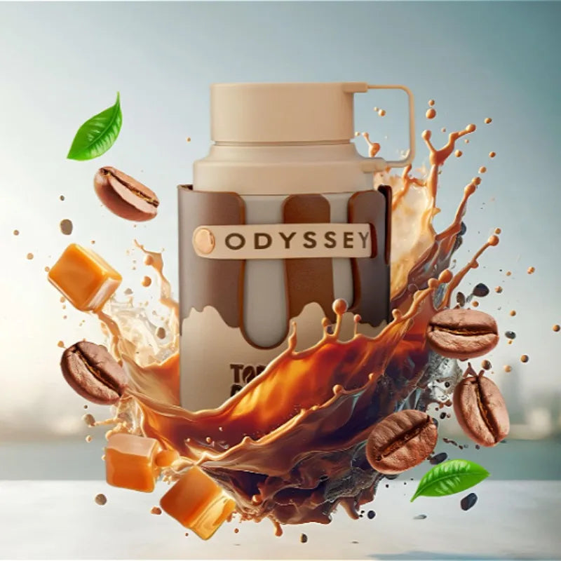 Armaf Odyssey unisex woody EDP perfume in unique bottle with coffee and caramel notes, ideal for daily wear and gifting.