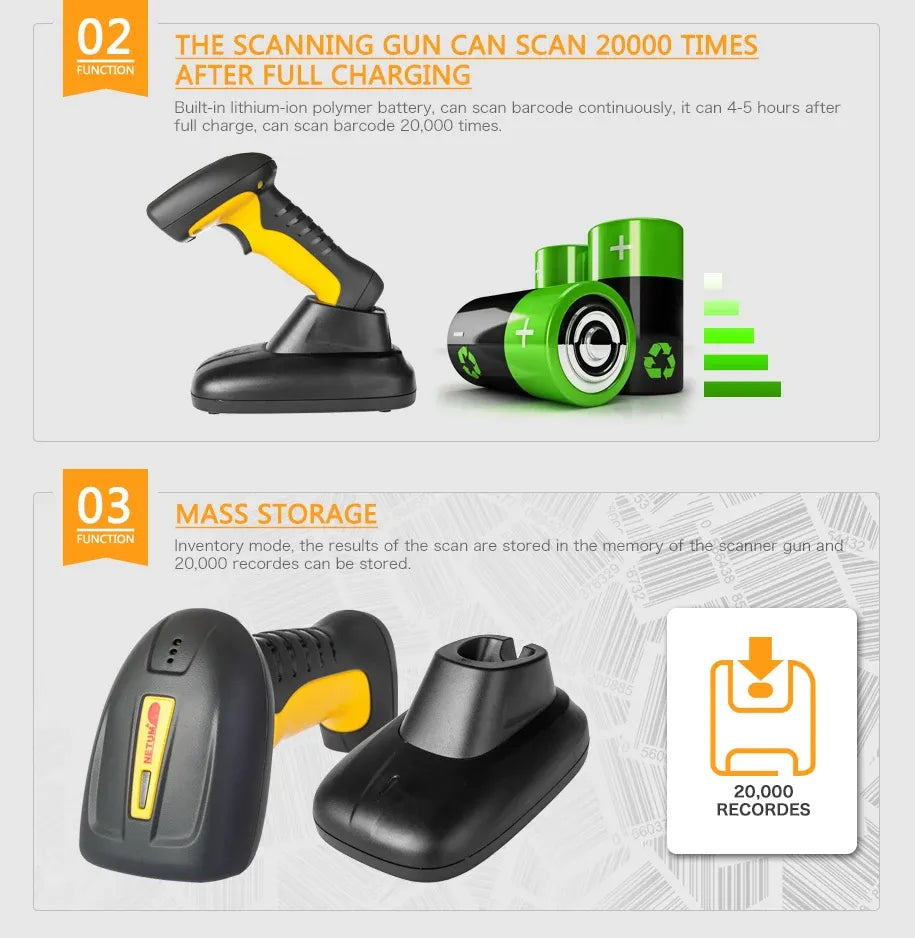 Handheld barcode scanner with yellow-and-black body with battery and storage icons