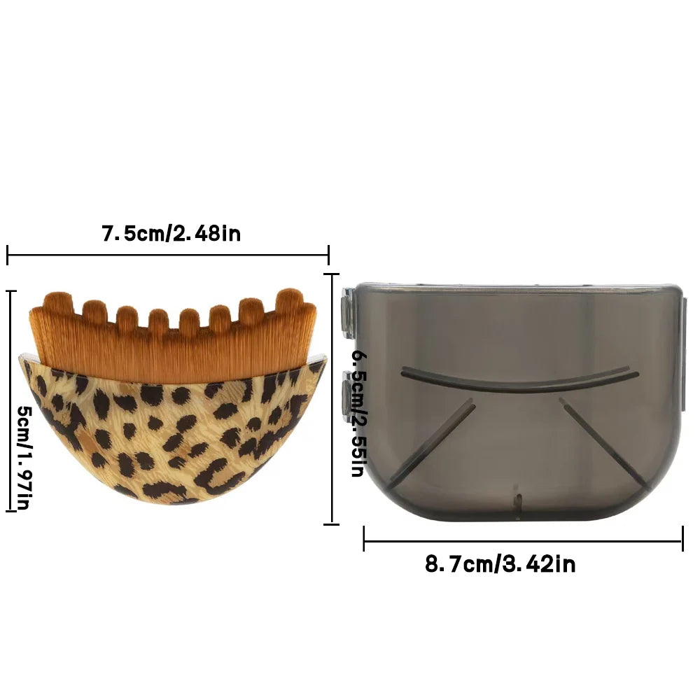 Leopard-print facial massage brush with brown bristles next to a translucent gray storage case, with dimensions labeled.