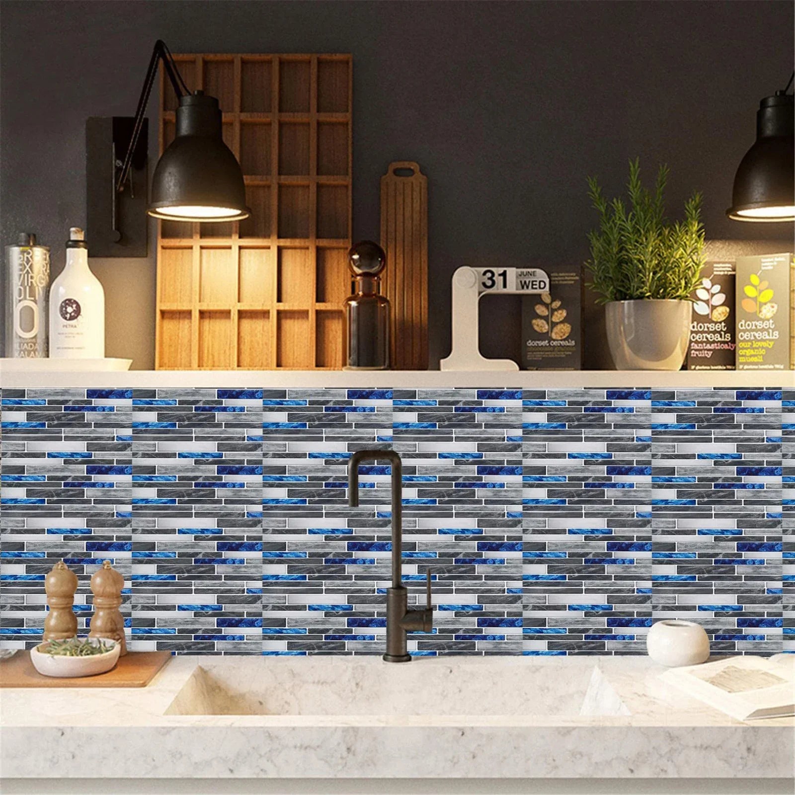 Self-adhesive 3D tile wall sticker strip pattern in blue, gray and white bricks