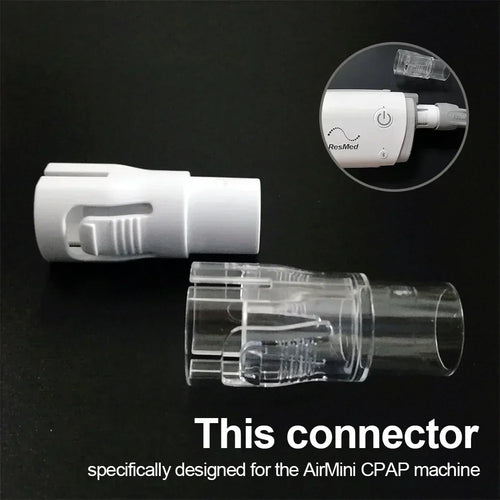 Clear/white CPAP hose connector for ResMed AirMini sleep apnea machine. Essential tubing adapter for CPAP therapy.
