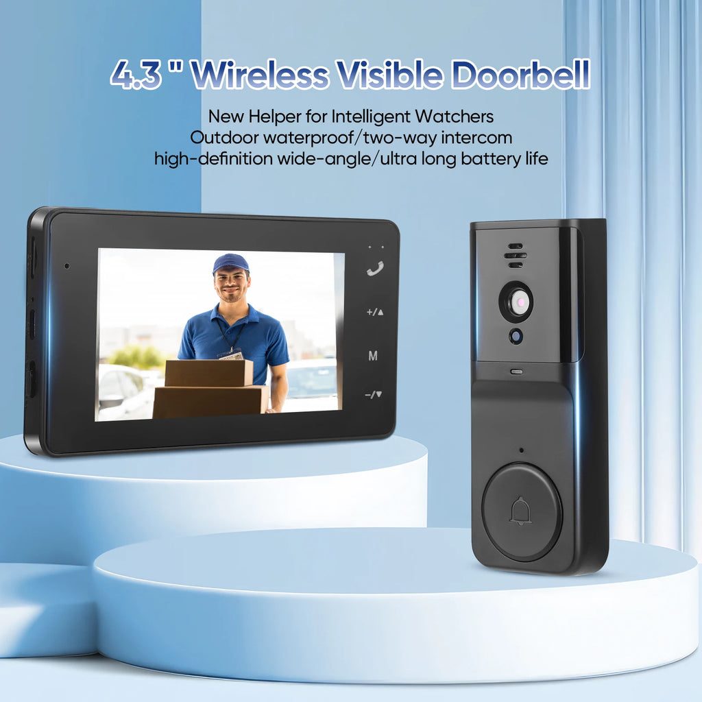 Wireless Doorbell with 1080P Camera Outdoor Waterproof Bluetooth Video Door Phone Video Intercom with 4.3'' Screen 170° Video