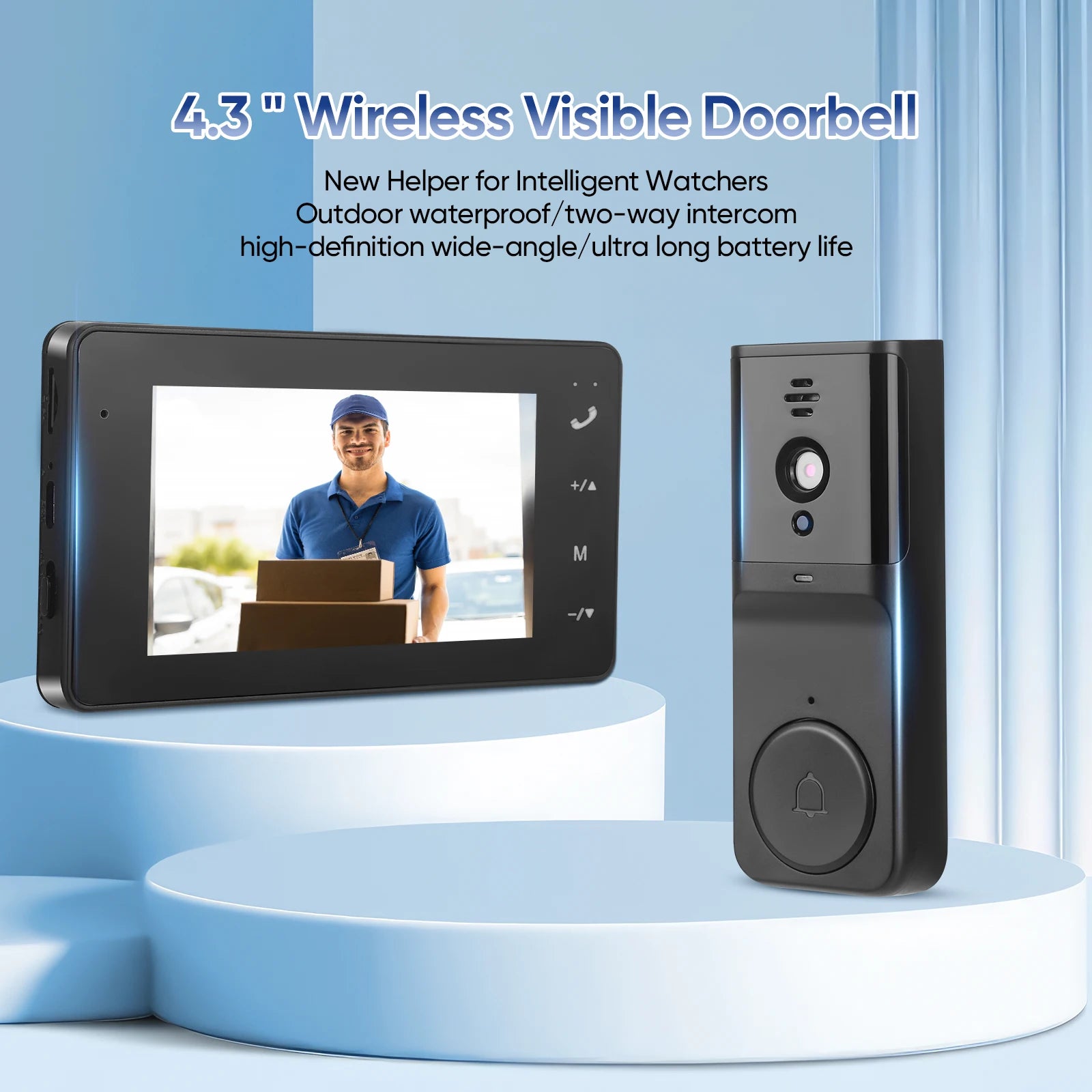 Wireless Doorbell with 1080P Camera Outdoor Waterproof Bluetooth Video Door Phone Video Intercom with 4.3'' Screen 170° Video