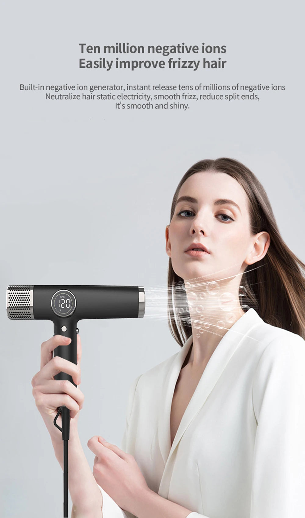 Black 110000RPM high-speed ionic hair dryer with LED display for professional, frizz-free salon styling.