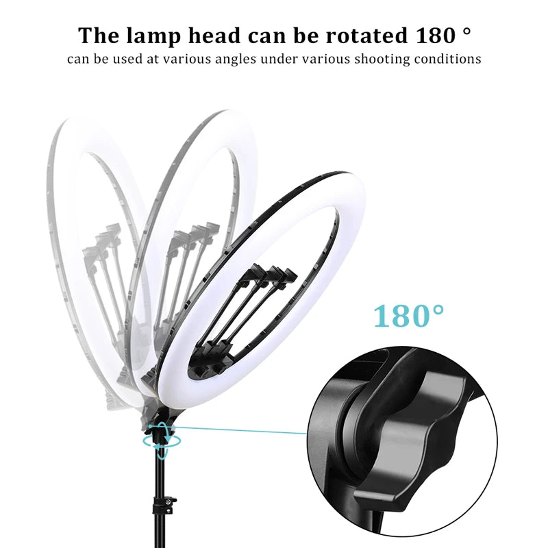 Black circular LED ring light on a stand with a tilting head that rotates 180 degrees for photography and video.