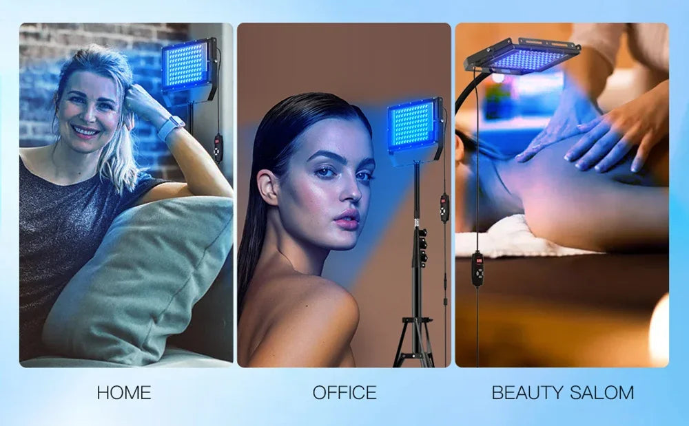 50W blue light tanning lamp on tripod stand with 96 LED bulbs for home and salon skin care tanning therapy.