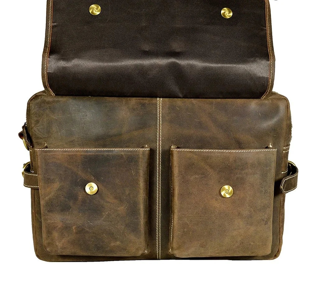 Handmade rustic brown leather messenger laptop bag with two front pockets and brass snap closures.