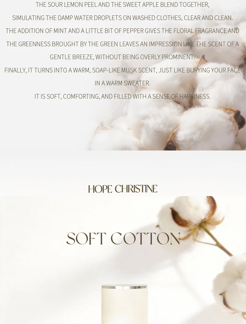 Hope Christine Soft Cotton unisex perfume: fresh lemon, mint, musk scent in a minimalist cylindrical glass bottle.