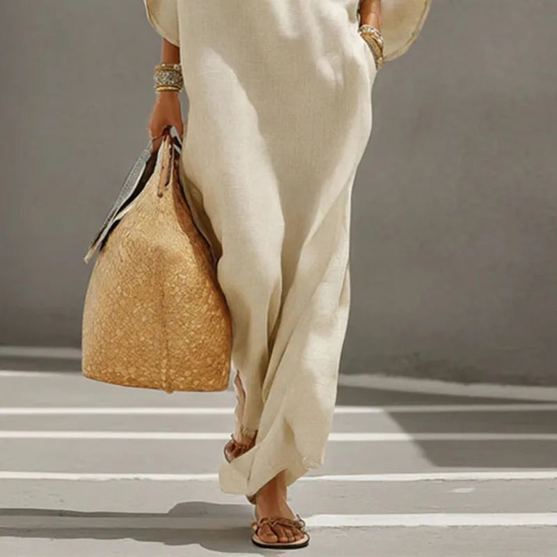 Summer Holiday Bohemian Long Dress Women's Sexy Stand Collar Button Elegant Party Dresses Spring Batwing Sleeve Loose Maxi Dress