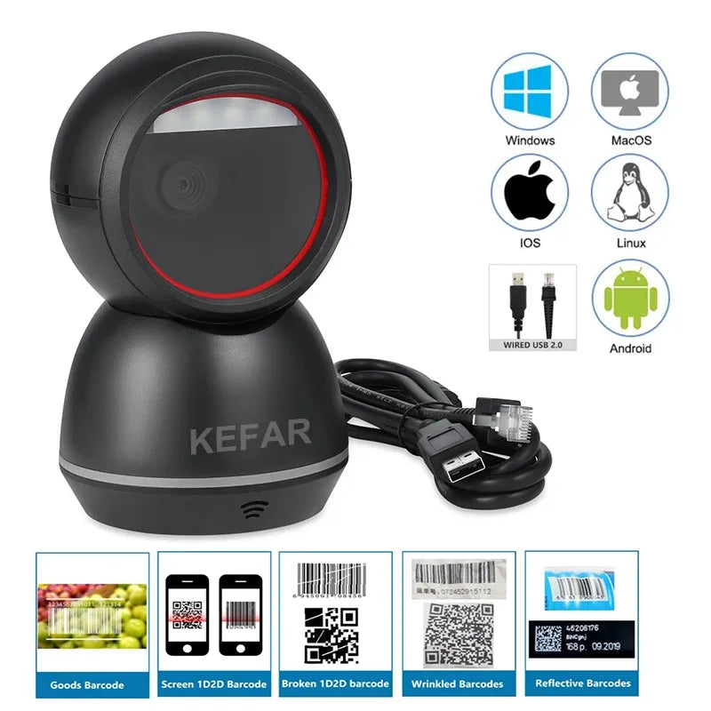 Black omnidirectional desktop 2D barcode scanner with USB cable and base