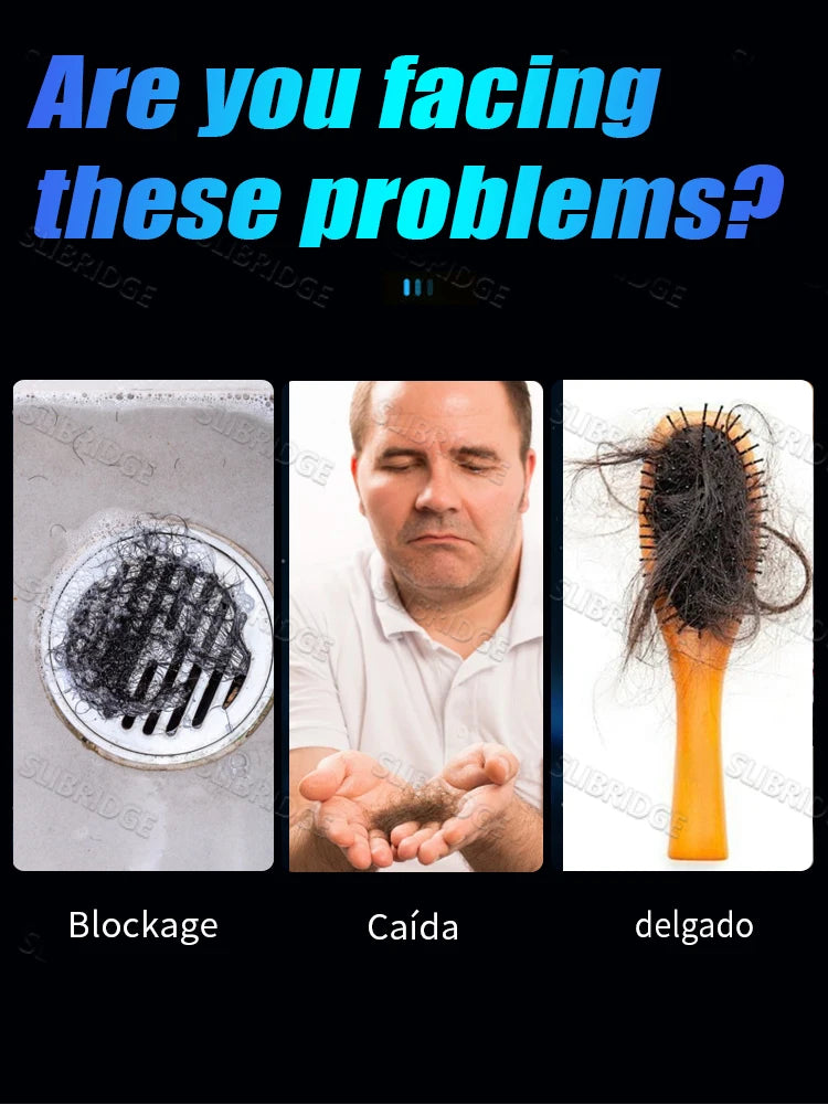 Three panels showing hair loss: drain clog, man holding shed hair, and a hairbrush filled with fallen hair.