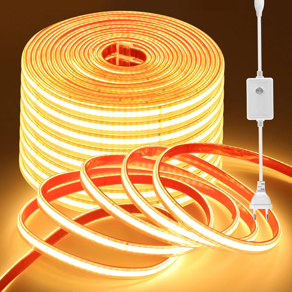 220V 10 Colors Dimmable COB LED Strip Light 240 LEDs Flexible Tape Dimmer EU Power Plug Kit TV Night Lights Home Linear Lighting