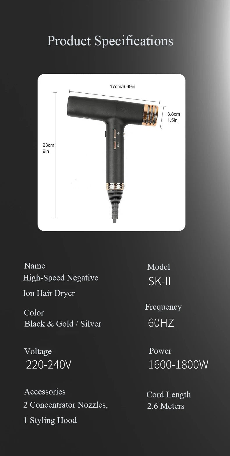 Black and gold high-speed ionic hair dryer with dimensions, 3 attachments, and constant temp tech for quick drying.