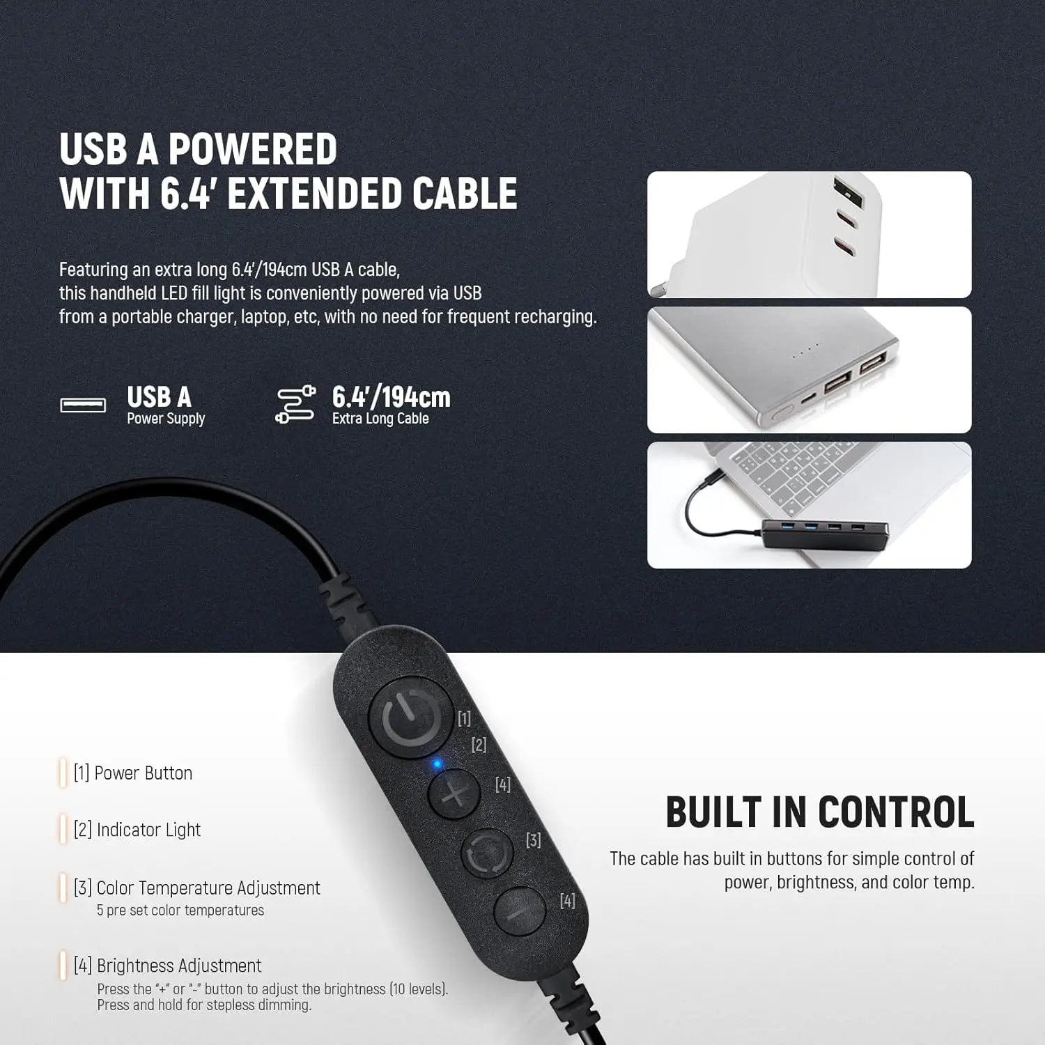 Black LED fill light controller with a 6.4-foot USB-A cable and buttons for power, brightness, and color temperature.