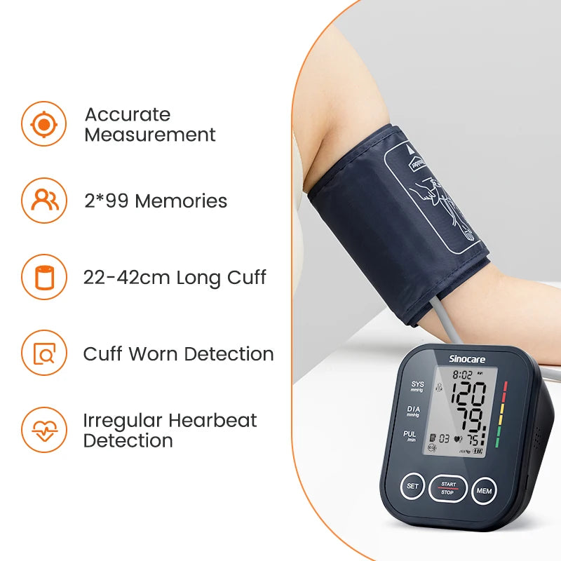 Sinocare Blood Pressure Monitor Digital Upper Arm Blood Pressure Measuring Device 22-42 Long Cuff Home Professional BP Machine
