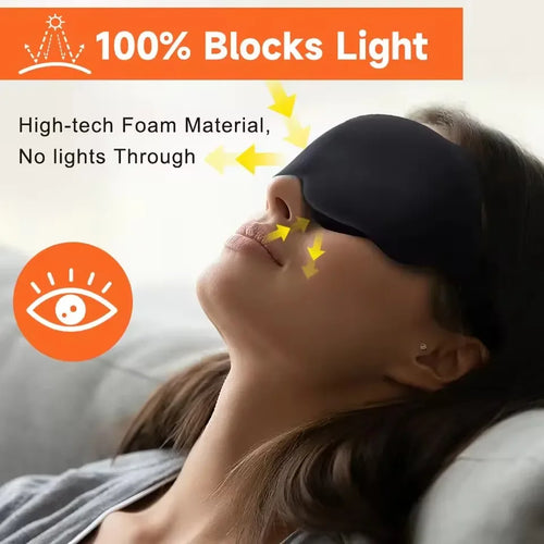 Weighted sleep mask for side sleepers, 3D contoured no-pressure design, 100% light-blocking foam, side angle view.