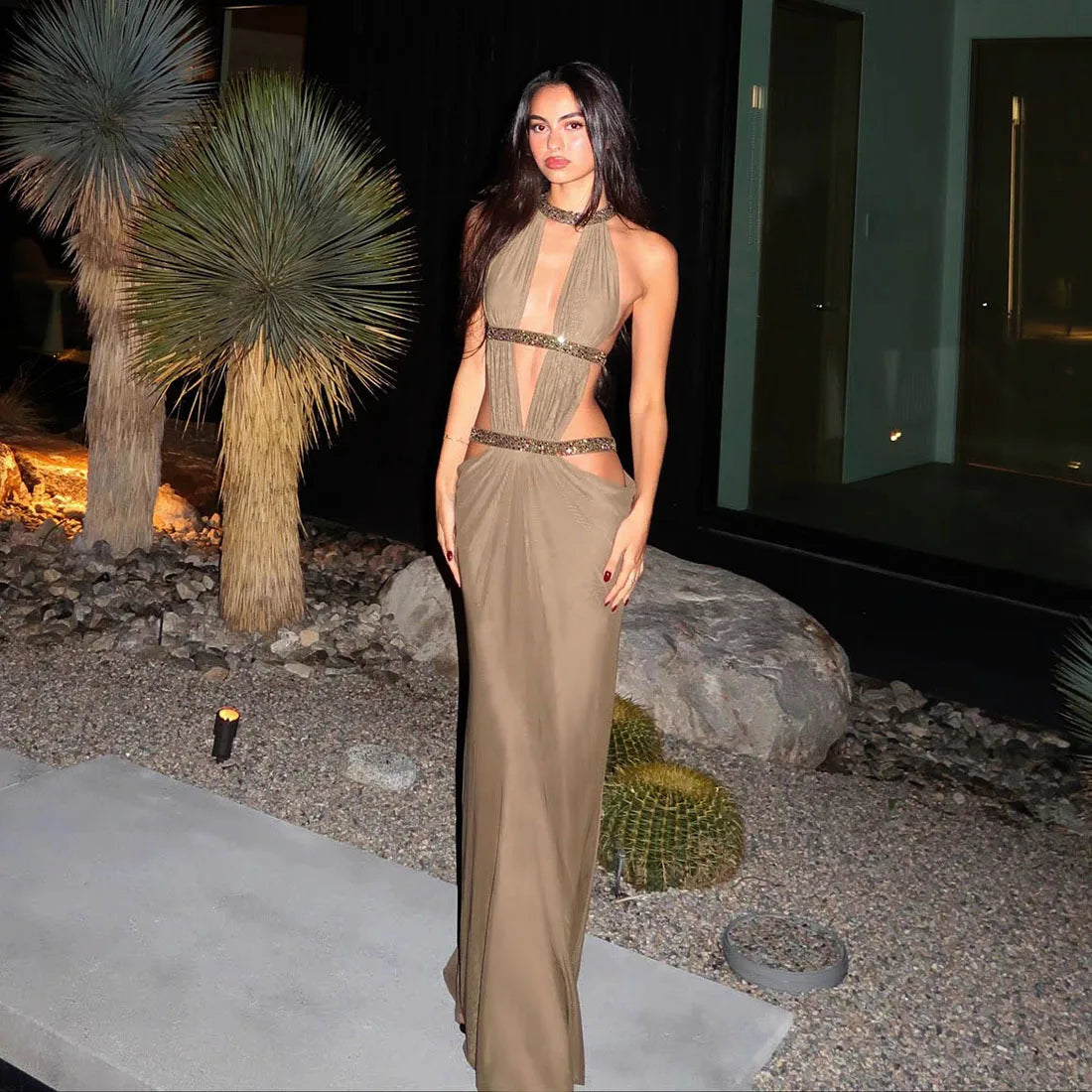Sexy Women's Maxi Dress Halter Hollow Out Backless Sleeveless Ruched Evening Long Dresses Party Chic Robe Green Purple Summer