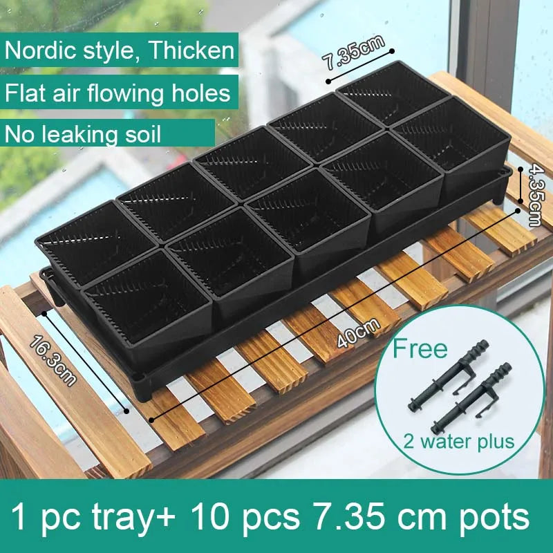 Black square drainage tray with ten black 7.35 cm square plant pots