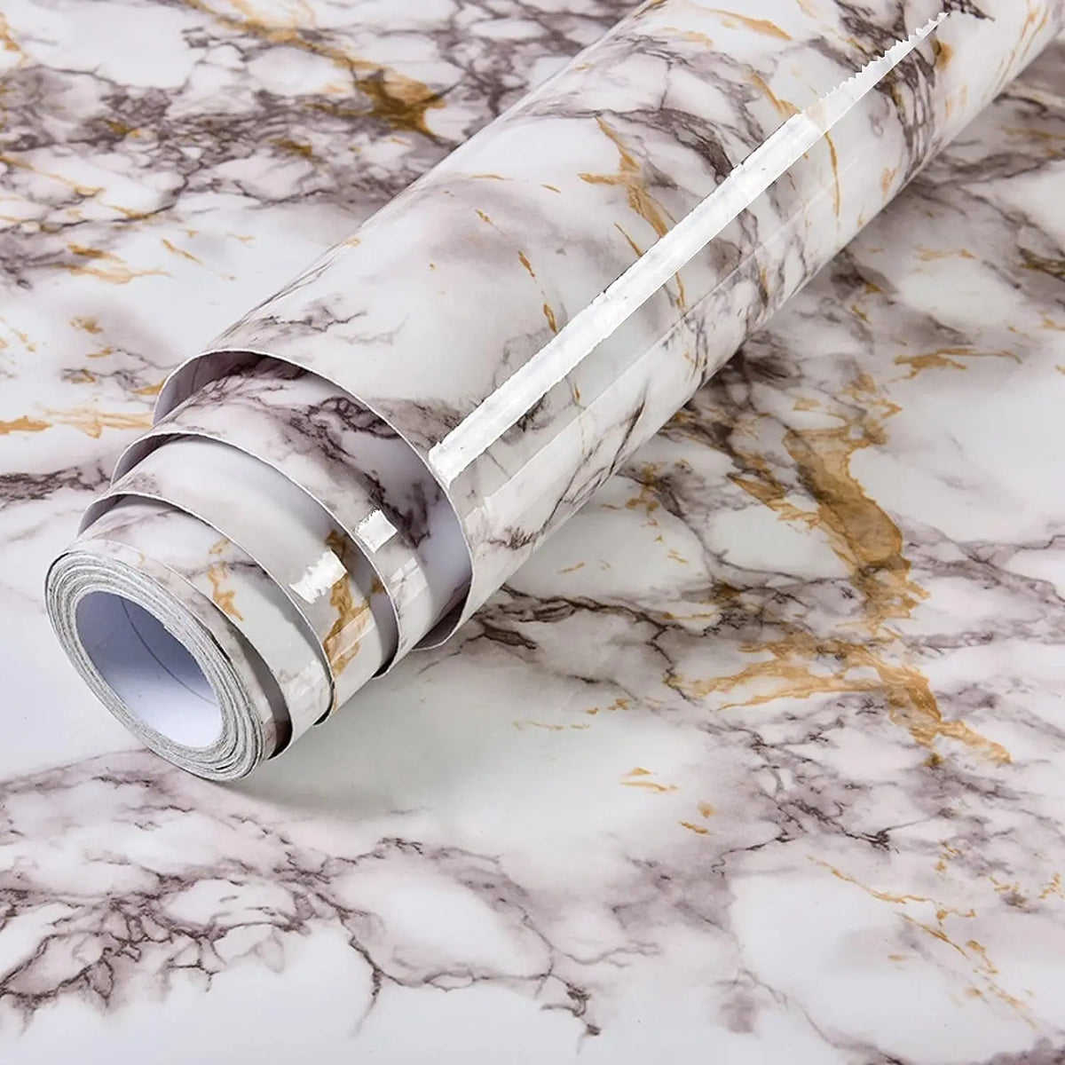White marble self-adhesive vinyl wallpaper roll with gold veining