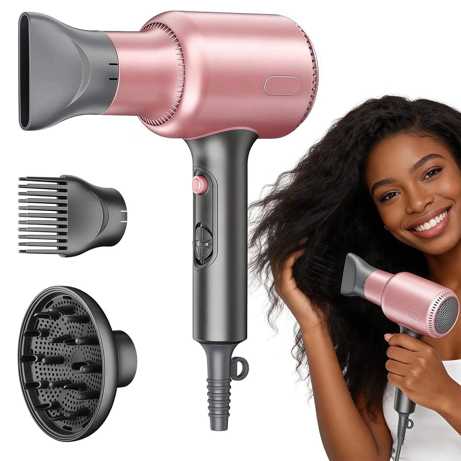 Pink 1600W ionic hair dryer with 3 attachments, diffuser, and concentrator for fast professional drying at home.