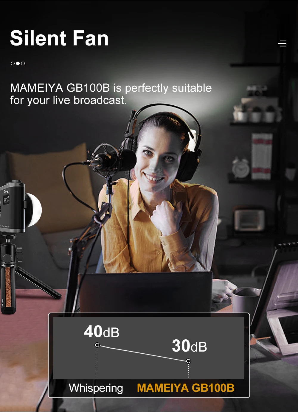 MAMEIYA GB100B compact black desk fan on a tripod stand, designed for quiet operation during live broadcasting.