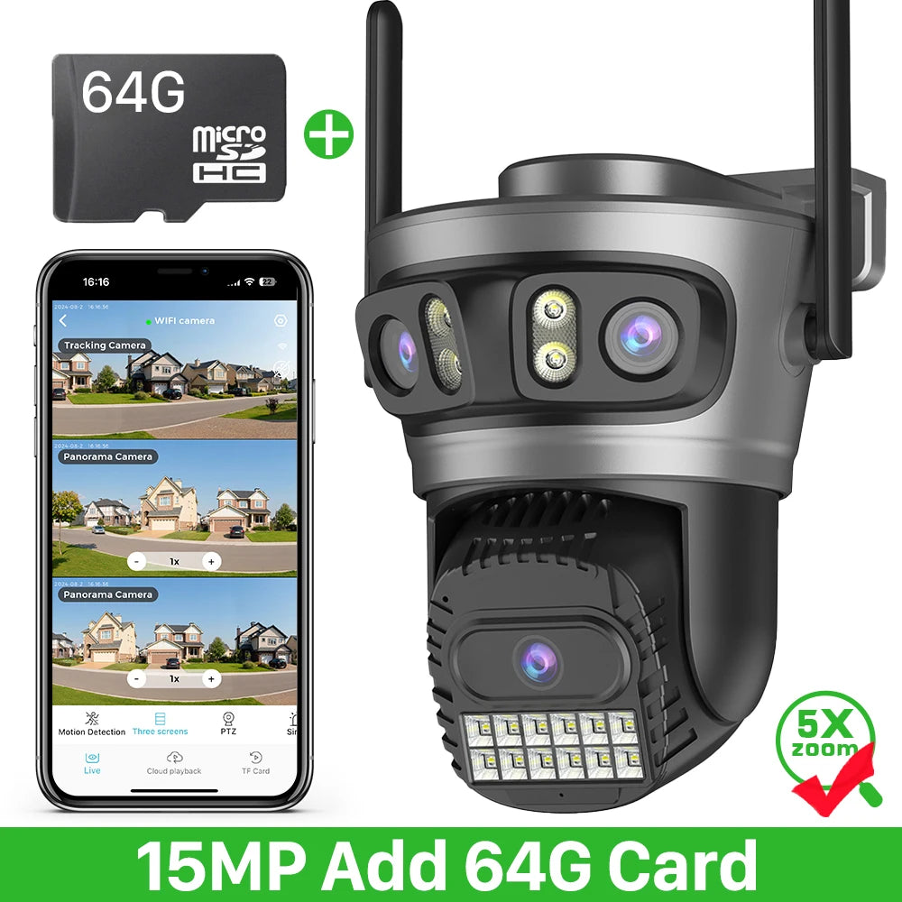 Outdoor PTZ Wi‑Fi security camera, dark gray, with 64GB microSD card