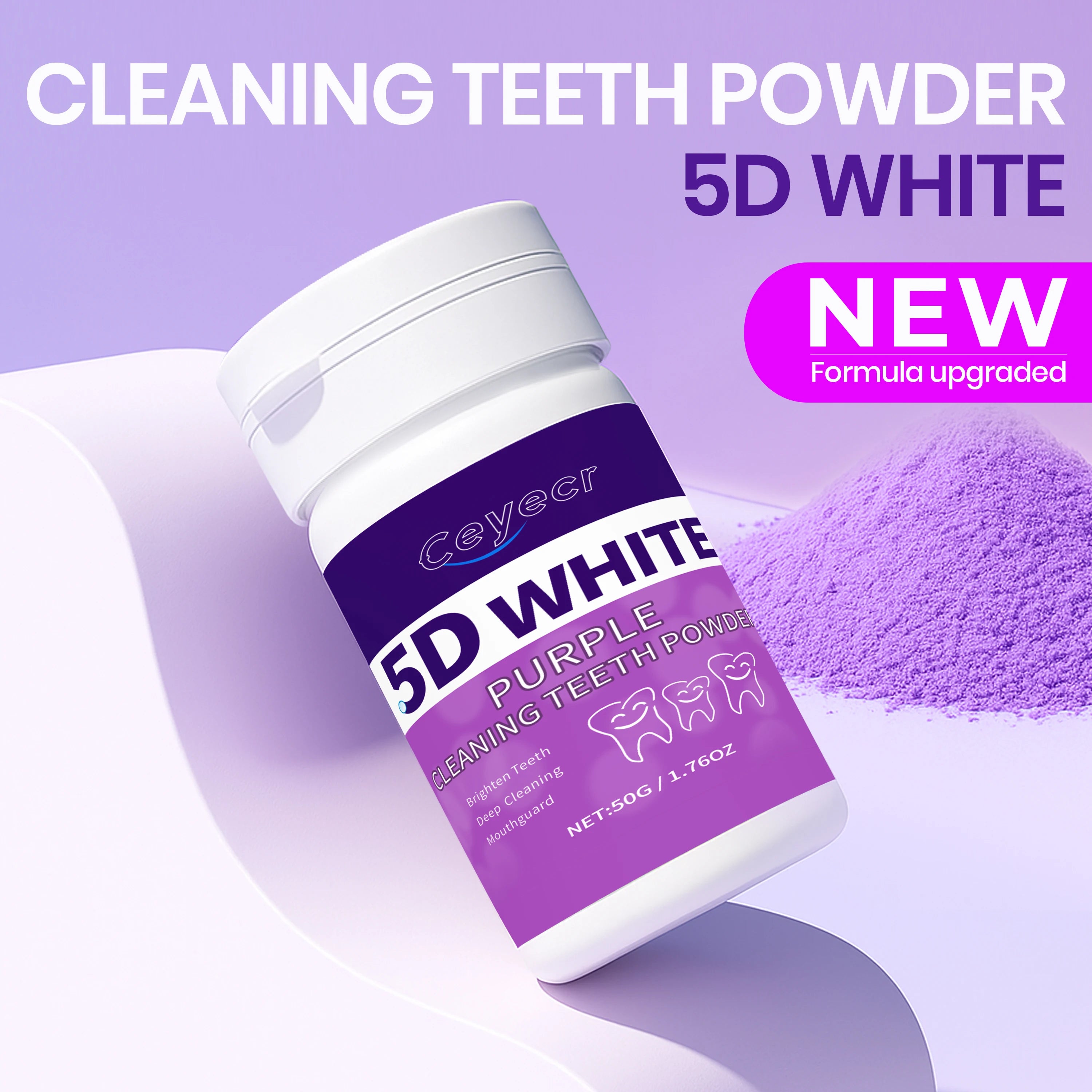 Tidesmit purple teeth whitening powder, 5D ice mint natural formula for sensitive teeth in travel-size 50g jar