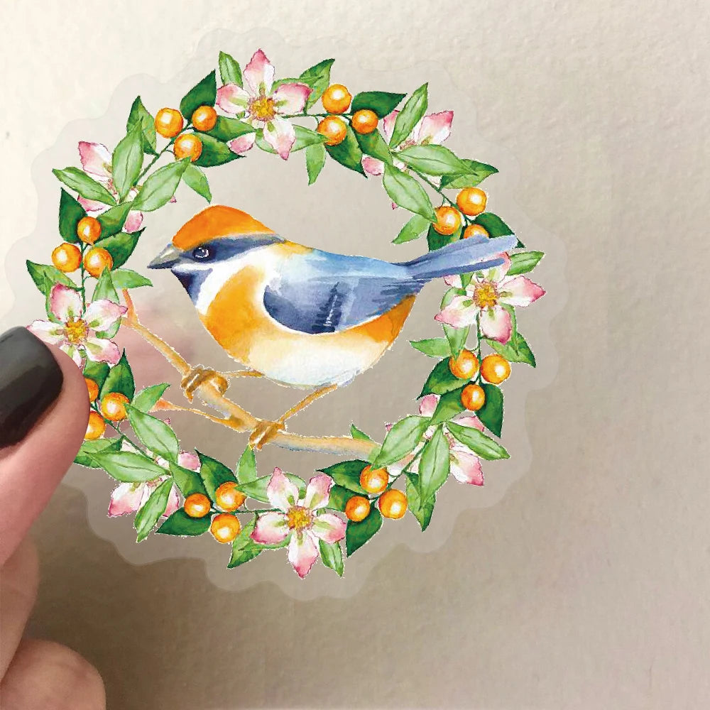Watercolor bird transparent PET sticker in a floral berry wreath, perfect for aesthetic scrapbooking and DIY decor.