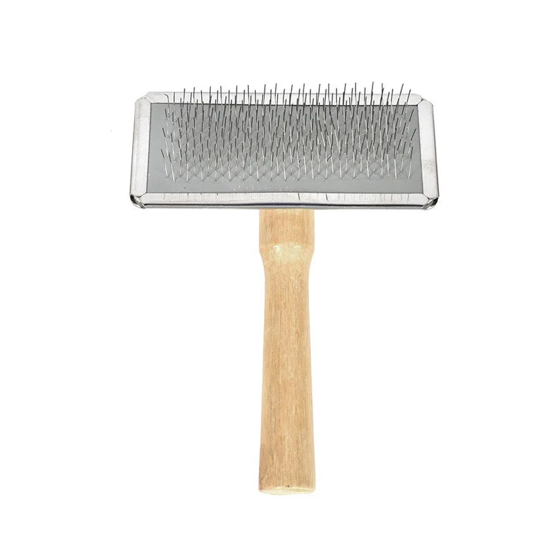 Pet grooming slicker brush with wooden handle for removing dog and cat hair from pets and clothing.