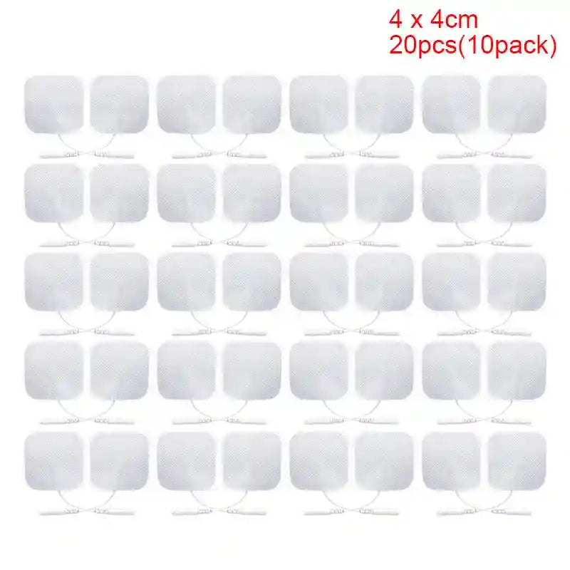 Twenty 4x4cm square white TENS electrode pads with lead wires for muscle stimulation and pain relief.