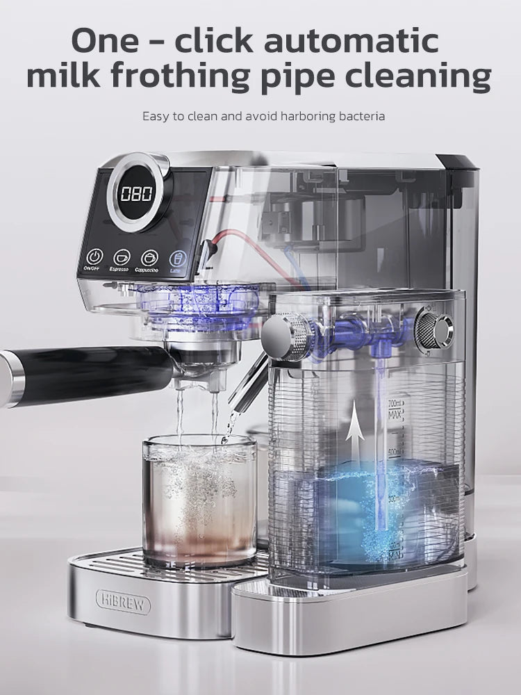 HiBrew stainless steel espresso machine with 700ml clear milk tank performing automatic pipe cleaning.