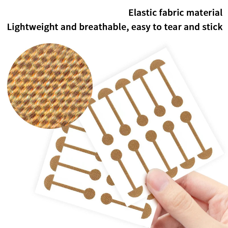 Tan, elastic fabric adhesive wound closure strips on a backing sheet for holding skin edges together.