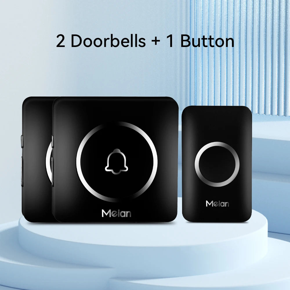 Black wireless doorbell receiver and button set labeled “2 Doorbells + 1 Button”