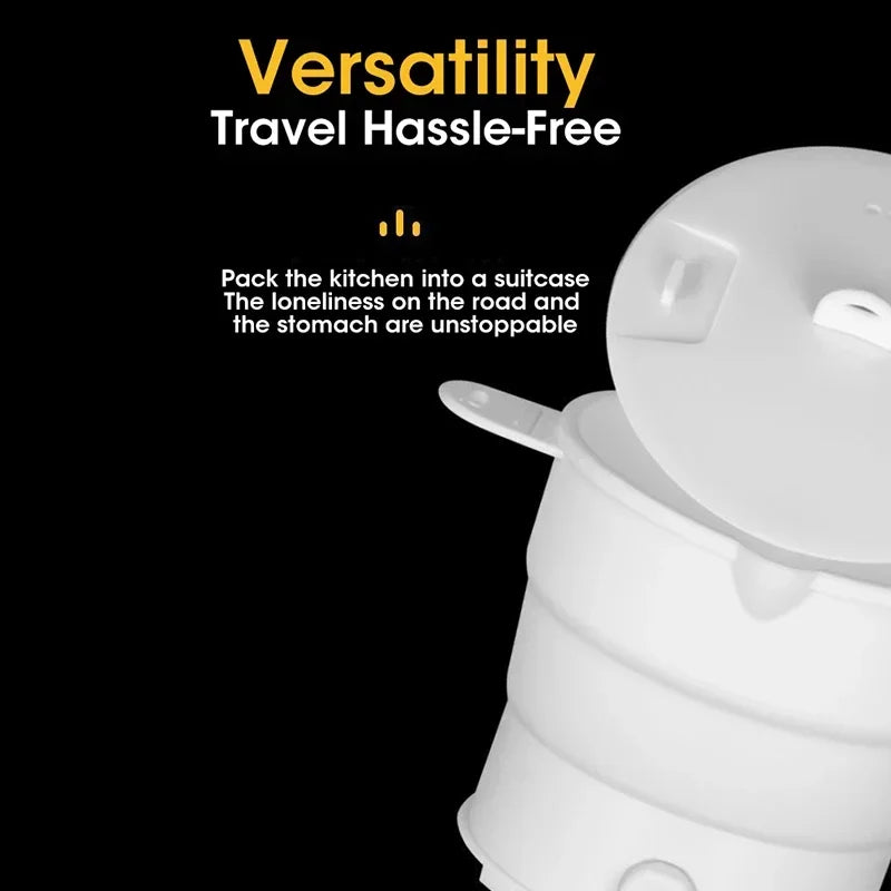 Portable folding electric hot pot, white, close-up of lid hinge and side handle.