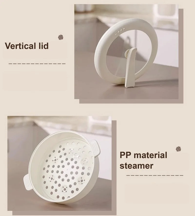 Electric cooking pot with vertical lid handle and perforated PP steamer insert