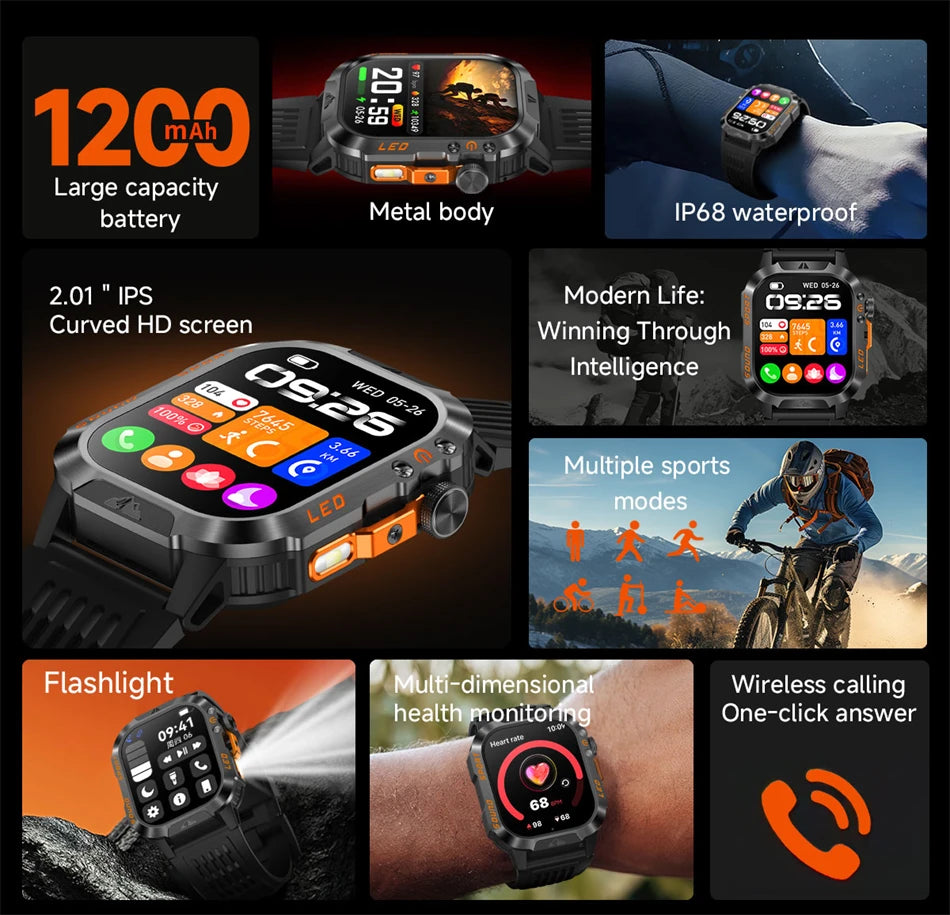 New 1200 mAh Battery Rugged Military Smartwatch Men 5ATM Waterproof Fitness Tracker Health Monitor 100+Sports Call Smart Watches
