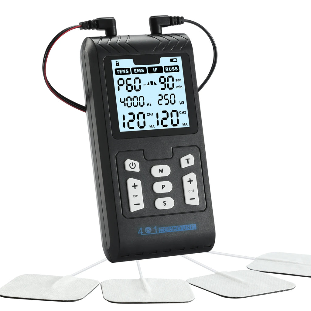 Black 4-in-1 portable TENS, EMS, IFT, and RUSS electric muscle stimulator with digital display and electrode pads.
